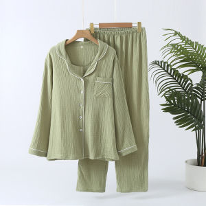 2026 Spring and Autumn New Womens Pajama Set 100% Cotton Solid Color Lapel Long sleeved Pants Home Furnishing Two Piece Set