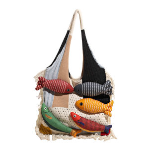 Creative Shoulder Bag Fashionable Many Fish Three-dimensional Decoration Contrast Color Stitching Large Capacity Tote Handbag