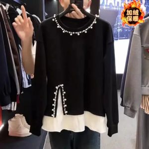 Fake Two Hoodeis Women Clothes Heavy Beading O-neck Patchwork Y2k Tops Ropa Mujer Contrast Color Fashion Casual Sweatshirts