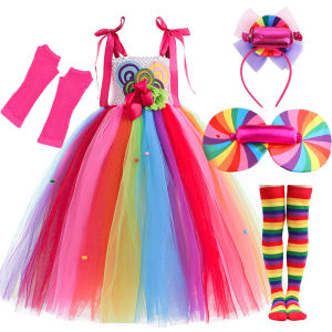 Kids Halloween Lollipop Princess Dress Dressy Birthday Carnival Tutu Dress Girl 2026 Purim Attire Rainbow Festival Clothing Gown
