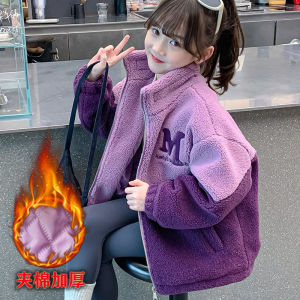 4-14Y Girls Plush Jackets 2026 New Childrens Thickened Coats Kids Letter Winter Outerwear Teenager Fashion Cotton Warm Clothing