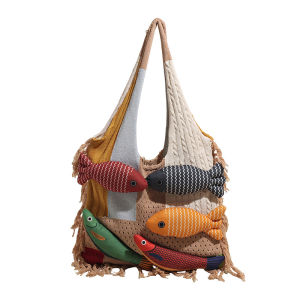 Creative Shoulder Bag Fashionable Many Fish Three-dimensional Decoration Contrast Color Stitching Large Capacity Tote Handbag
