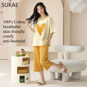 WSY 100% Cotton M-4XL Women Pajamas Set 40-100KG BIG SIZE Summer Sleepwear Short Knee-length Pants Nightwear Capris Loungewear Cartoon Pijama