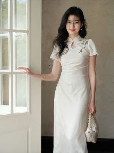 simple elegant daily chinese qipao dress ethnic solid color handmade embroidery cheongsam new vintage slim fitting dress