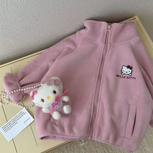 ULEEK Sweet Hello Kitty Anime Kawaii Sanrio Ins Casual Jacket Cute Cartoon Children Long Sleeve Coat Clothing Lovely Gifts for Kids