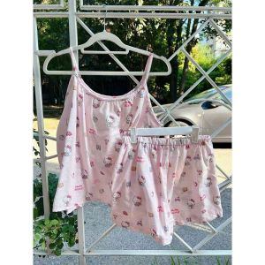 Sanrio Hello Kitty Pink Pajama Set Anime Cute Printing Summer Women Household Clothes Comfort Loose Wweet Student Nightwear