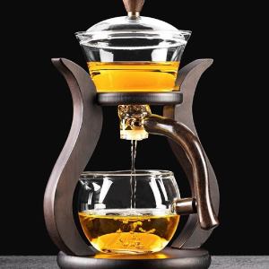 Lazy Kungfu Drip TeaPot Heat Resistant Tea Set Semi-Automatic Glass Teapot Suit for Magnetic Water Flow Wooden Glass Teapot