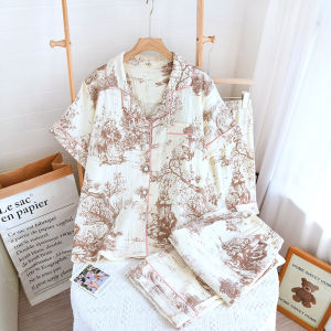 2026 New Spring/Summer Womens Pajama Set 100% Cotton Crepe Three Piece Set Short Sleeve+Shorts+Pants Thin Home Clothing