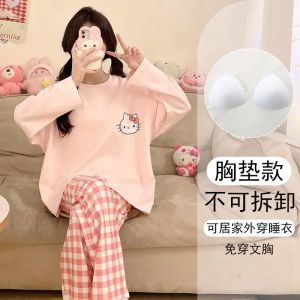 Christmas Sweet Hello Kitty Anime Kawaii Sanrio Long Sleeve Pajamas Set Cute Cartoon Home Wear Shirt Pants Clothing Gifts for Girls