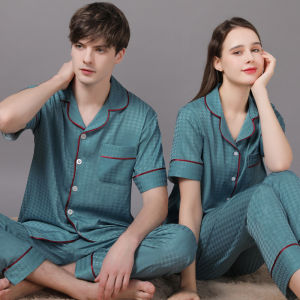 2026 High Quality Couple Pajamas Suit Summer Short Sleeve Long Pant Home Cloth Men Ice Silk Thin Satin Large Size Sleepwear Set Women