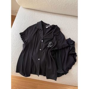 Toddler Girls Pajamas Sets Fashionable Ruffled Lapel V Neck Short Sleeve Tops with Solid Color Shorts 2Pcs Sleepwear
