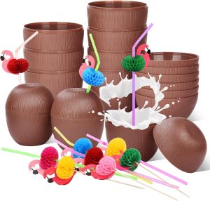 12 Coconut Cups with Flamingo Straws and Cocktail Drinking Flamingo PicksHawaiian Luau Tiki and Beach Party Decorations