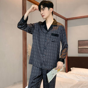 High-quality Mens Pajama Set Thin Satin Chiffon Pajama Set for Spring and Autumn Long-sleeved Casual Loungewear.