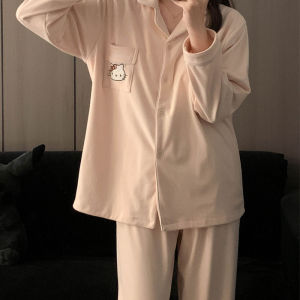 KT Cat Pajama Set Anime Sanrio Household Clothes Womans Autumn Winter Thickened Warmth Pajamas Suit Pink Cute Home Wear Set
