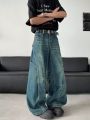 【Stylish】 2025 Trashy Y2K Fashion Washed Blue Spliced Baggy New Jeans Pants For Men 90S Vintage Clothes Wide Leg Straight Denim Trousers. 