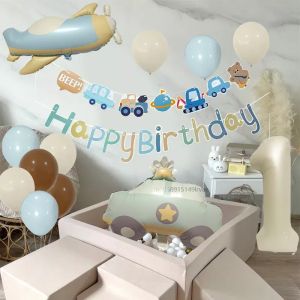 ULEEK 16pcs Cream Number Car Airplane Foil Balloons 1st Birthday Party Decor Kids Girl Boy Baby 1 2 3 4 5 6 7 8 9 Year Old Supplies