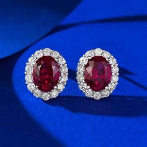 Wong Rain Classic 100% 925 Sterling Silver 6*8 MM Oval Cut Sapphire Ruby High Carbon Diamond Gemstone Ear Studs Earrings Jewelry