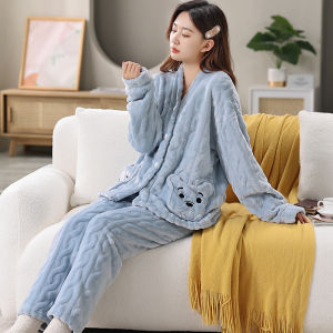 Thickened Warm Coral Velvet Pajamas Womens Autumn and Winter Padded Cartoon Bear Striped Flannel School Pajamas Winter Homewear