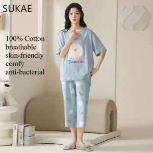 WSY 100% Cotton M-4XL Women Pajamas Set 40-100KG BIG SIZE Summer Sleepwear Short Knee-length Pants Nightwear Capris Loungewear Cartoon Pijama