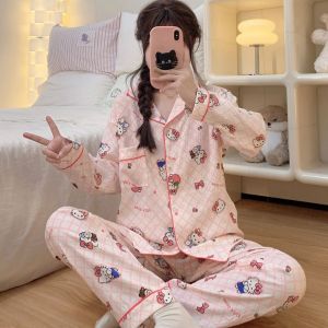 New 2026 Autumn Hello Kitty Pajama Set Anime Women Cute Cartoon Print Soft Sleepwear Long Sleeve Top and Pants Nightwear Suit