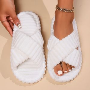 Women Corduroy Cross Strap Home Slippers Men Soft Warm Flat Slides Family Indoor Fashion Concise Plush Sandals For Four Seasons