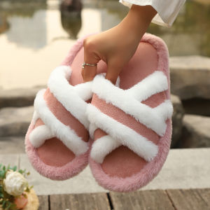 2026 New Furry Slippers Home Womens Fluffy Slides Autumn Winter Indoor Fashion EVA Light Cross Flip Flops Soft Flat Shoes Woman