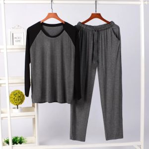 New Mens SpringSummer ModaL 2PCS Pajamas Sets Homewear Soft Large Size Sleepwear Sets for Men Casual Loose Pant Sets Male