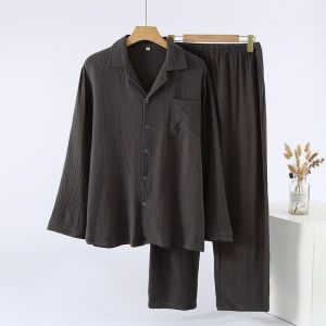 High-quality pajamas Mens 100% Cotton Double-layer Yarn Pajamas Loose Long-sleeved Trousers Homewear Turn-down Collar Solid Home Clothes for Men