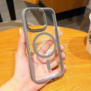 Transparent metal lens frame magnetic phone case for iPhone 16 15 14 13 12 11 Pro Max Titanium gray magsafe charging hard cover