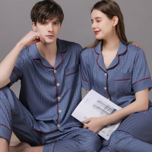 2026 High Quality Couple Pajamas Suit Summer Short Sleeve Long Pant Home Cloth Men Ice Silk Thin Satin Large Size Sleepwear Set Women