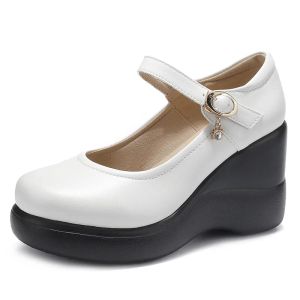 8cm Small Size 32-43 New Shallow Genuine Leather Shoes Women Mary Janes 2025 Fall High Heels Platform Wedges Shoes Mom Office