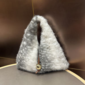 Winter Plush Deer Print Tote Bag Large Capacity Triangle Shoulder Bag with Gold Ball Charm Faux Fur Warm Handbag for Women