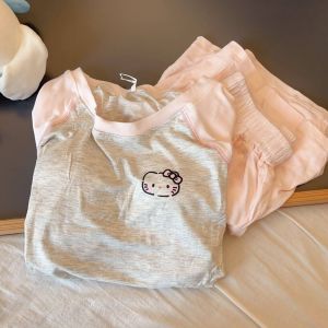 Hello Kitty Pajamas Anime Sanrio Womans Household Clothes Cartoon Kawaii Cute Nightshirt Set Girl Home Wear Pajamas