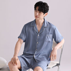 Mens Lightweight and Breathable Imitation Silk Satin Short-Sleeve and Shorts for Spring and Summer - Simple Home Wear for Young People