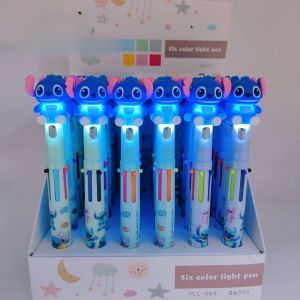 Christmas gifts New MINISO Stitch Glowing 6 Color Pen Cartoon Multicolor Ballpoint Pen with Light Cute Shape Student Stationery Writing Tools