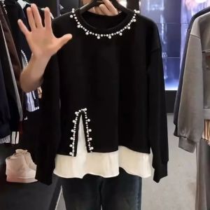 Fake Two Hoodeis  Women Clothes Heavy Beading O-neck Patchwork Y2k Tops Ropa Mujer Contrast Color Fashion Casual Sweatshirts