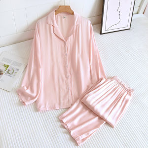 Mens and Womens Cotton Silk Pajamas Thin Satin Loungewear Long-sleeved Trousers Spring Pajama Set Solid Color