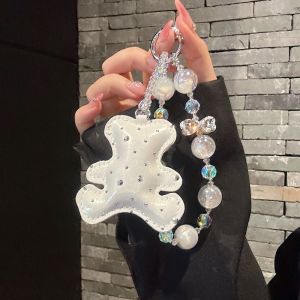 Cute Relax Bear Beautiful Short Beads Hand Wrist Strap Crystal Rhinestone Lanyard Phone Charm Ornament Keychain Hang Rope