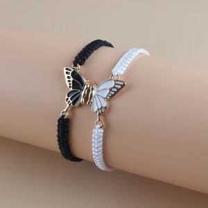 2Pcs Braided Rope Women Bracelet Black White Blue Pink Splicing Butterfly Girl Friendship Couple Braclet For Bestie Adjustable ﻿