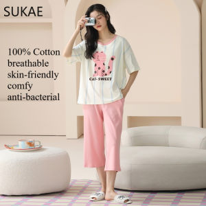 WSY 100% Cotton M-4XL Women Pajamas Set 40-100KG BIG SIZE Summer Sleepwear Short Knee-length Pants Nightwear Capris Loungewear Cartoon Pijama