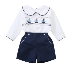 Baby Boys 2 Pieces Summer Boutique Clothing Set Smocking Boat Design for Infant Daily Dress Toddler School Uniform Cotton Suit