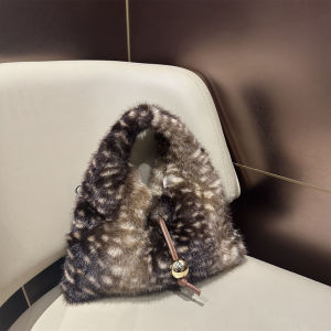 Winter Plush Deer Print Tote Bag Large Capacity Triangle Shoulder Bag with Gold Ball Charm Faux Fur Warm Handbag for Women