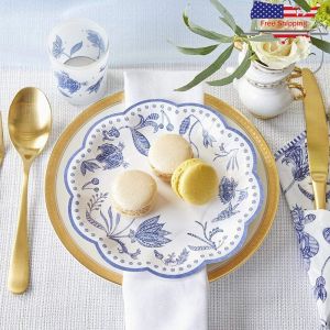 Premium Blue Willow 7 Inch Disposable Paper Plates Set of 16 Heavyweight Decorative Dinner Dessert Plates Weddings Parties