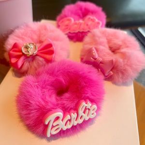 ULEEK MINISO Pink Bow Barbie Plush Hair Bands Cute Lori Fluffy Hair Rope Girls Headwear Tie Hoofdband Girl Accessoires