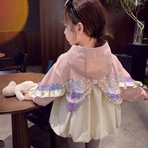 Sequins Girls Trench Coat Children Spring Fashion Jacket Pincess Bow Hooded Outerwear New Kids Autumn Casual Clothing 2-8 Years