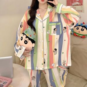 ZEEMIN Halloween Christmas Autumn Kawaii Crayon Shin-chan Pajama Set Women Cartoon Animation Long Sleeve Sleep Tops Sleep Bottoms Cute Home Clothes