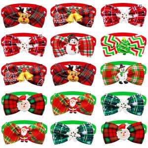HBESTY 50pcs/lot Plaid Pattern Pet Christmas Bow Tie Cat Small Dog Bowtie Adjustable Dog Collar  Accessories