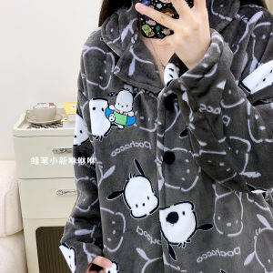 Cartoon Sanrio New Pochacco Kawaii Style Pajamas for Women Winter Flannel Thickened Long-Sleeved Home Clothes for Fat Girl Cute