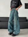 【Stylish】 2025 Trashy Y2K Fashion Washed Blue Spliced Baggy New Jeans Pants For Men 90S Vintage Clothes Wide Leg Straight Denim Trousers. 