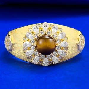 Wong Rain Vintage 925 Sterling Silver 5 MM Tigers Eye High Carbon Diamond Gem Ring for Women Fine Jewelry Anniversary Gifts